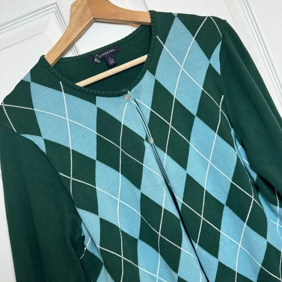 Lands’ End 100% Supima Cotton Argyle Cardigan Green Blue Women’s Size Large - Picture 2 of 11